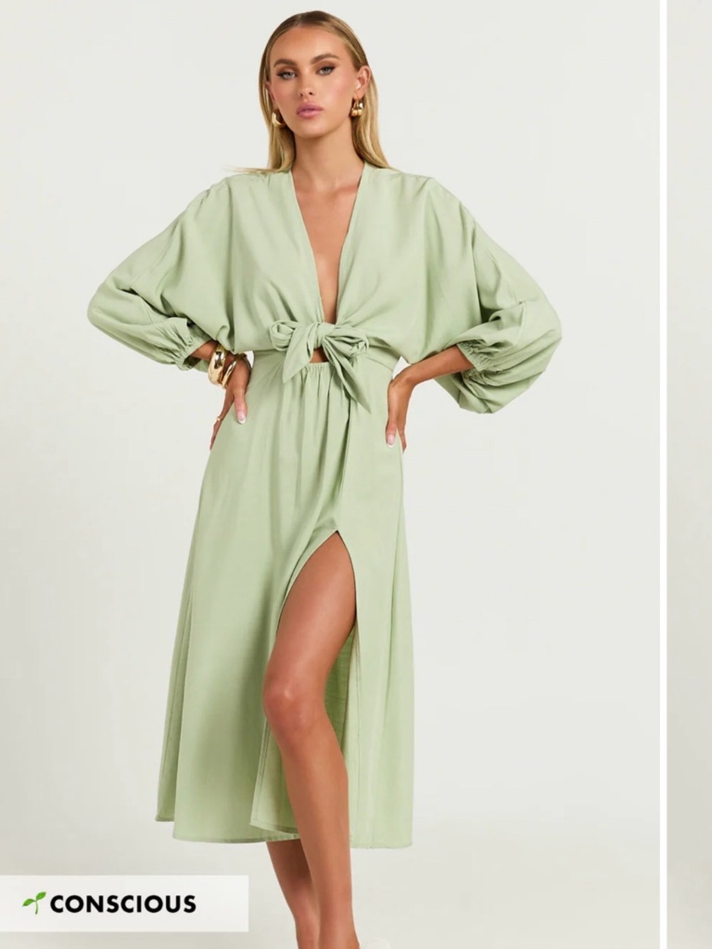 Showpo Tyricia Sage Green Midi Dress with Front Tie